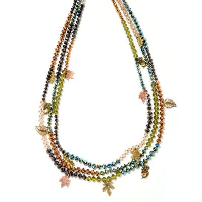 GOLDTONE AUTUMN LEAVES CRYSTAL TRIPLE STRAND NECKLACE