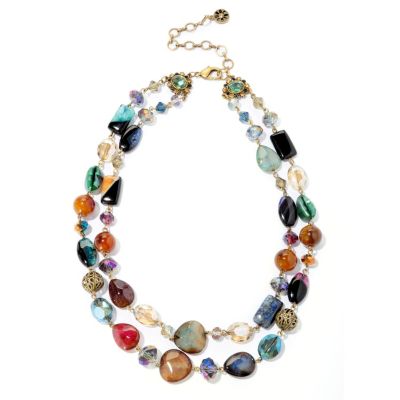 GOLDTONE AGATE AND CRYSTAL DOUBLE STRAND NECKLACE