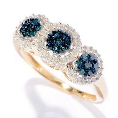 14K YG .5CT 3 STONE BLUE DIAMOND RING W/ WHITE DIAMOND