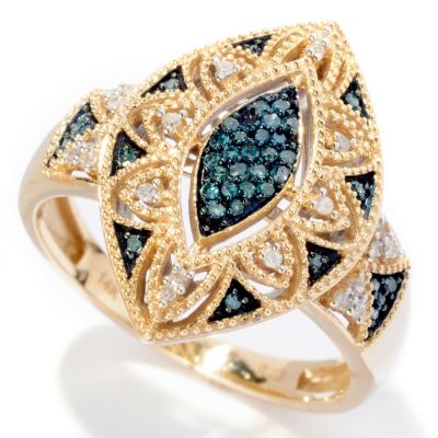 14K YG MARQUISE SHAPED BLUE DIAMOND RING W/ WHITE DIAMONDS