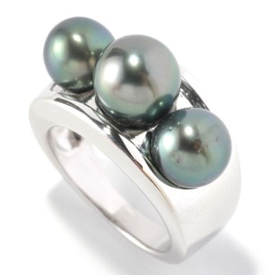 127-152 - Sterling Silver 7-8mm Semi-Round Black Tahitian Cultured Three Pearl Ring