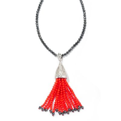 SS Marcasite enhancer with Coral & Hematite tassel w/ 32" Hemitate Necklace