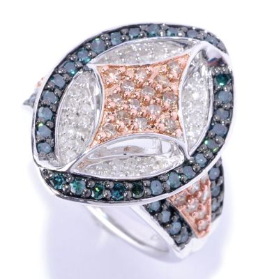 SS 1.33 CTW MARQUISE SHAPED RING WITH CHAMPAGNE, BLUE & WHITE DIAMONDS