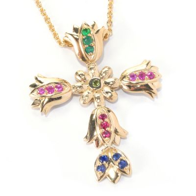 127-217 - Colette Multi Gemstone Flower Cross ''Iris'' Pendant w/ 20'' Chain 