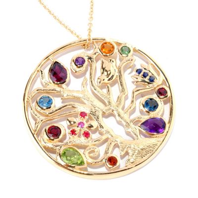 SS/18KGP PEND MULTI GEMSTONE TREE MEDALLION w/ 20" CHAIN