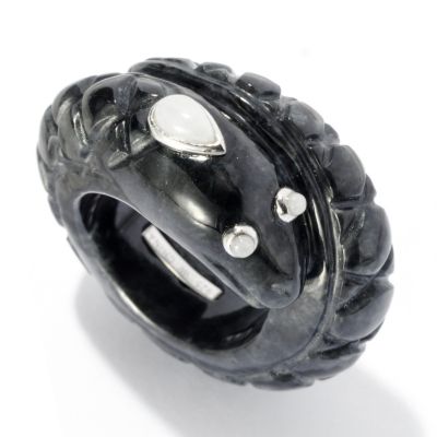 SS 11mm CARVED CHARCOAL JADE SNAKE RING w/WHITE JADE ACCENTS
