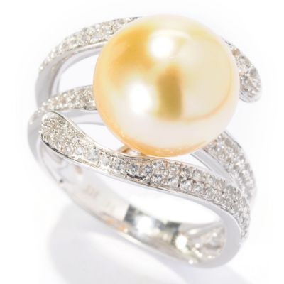 SS 11-12mm GOLDEN SOUTH SEA & WHITE TOPAZ RING