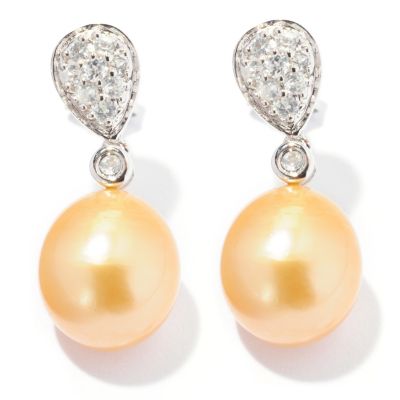 SS 9-10mm DROP GOLDEN SOUTH SEA & WHITE ZIRCON EARRINGS