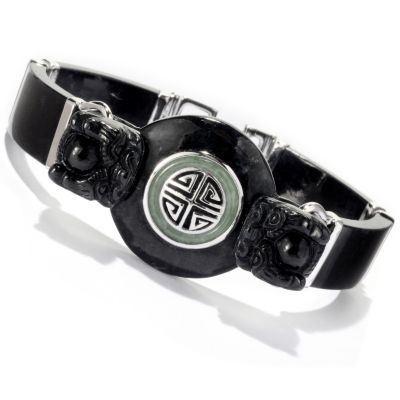 127-241 - Sterling Silver 7.5'' Black & Green Jade Dragon Link Bracelet 