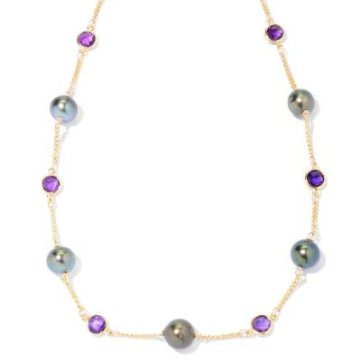 SS/YP 20" 9-10mm TAHITIAN & BEZEL SET AMY STATION NECKLACE