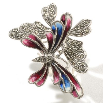 SS DOUBLE BUTTERFLY RING ENAMEL AND MARCASITE