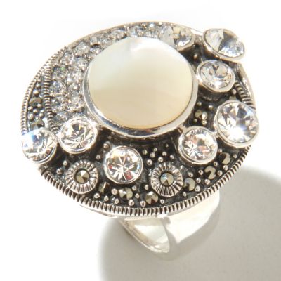 SS MARCASITE RING WITH MOTHER OF PEARL CENTER STONE