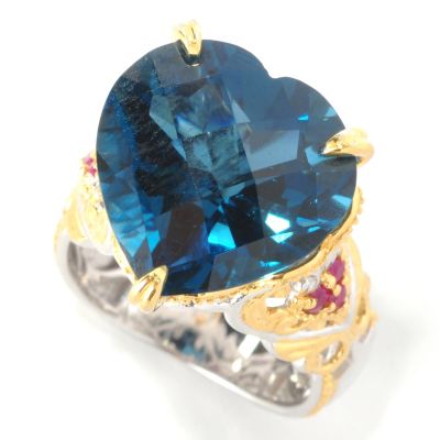 127-435 - Gems en Vogue II 14.41ctw Heart-Shaped London Blue Topaz & Ruby Ring 