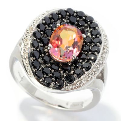 127-466 - Gem Treasures Sterling Silver 2.59ctw Sunset Topaz, Black Spinel & Diamond Oval Ring