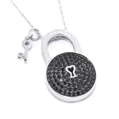SS PAVE BLACK SPINEL LOCK AND KEY WITH CHAIN