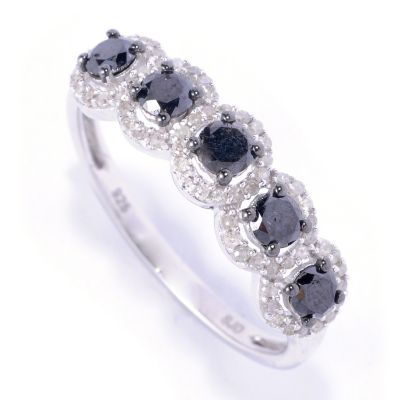 SS 5 STONE BLACK DIAMOND RING W/ WHITE DIAMOND ACENTS