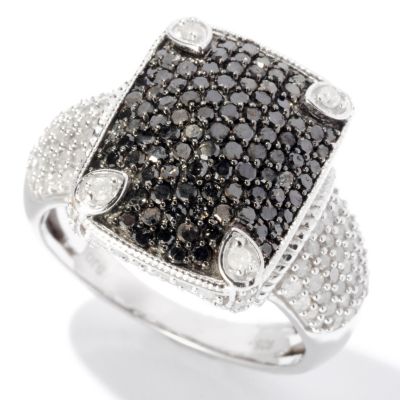SS SQUARE BLACK DIAMOND RING W/ WHITE DIAMOND ACCENTS