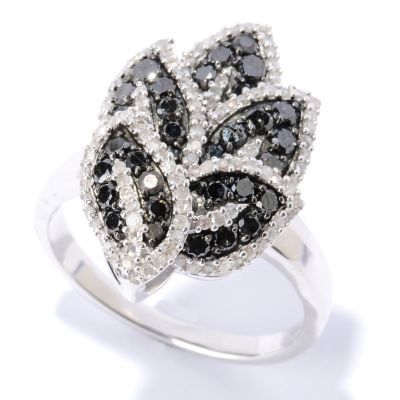 SS BLACK DIAMOND LEAF RING W/ WHITE DIAMOND ACCENTS