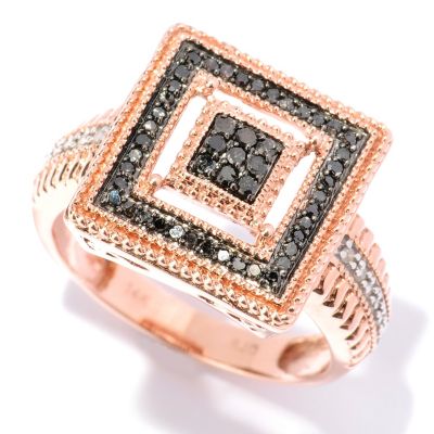 14K RG BLACK DIAMOND PRINCESS CUT RING W/ WHITE DIAMOND ACCENTS