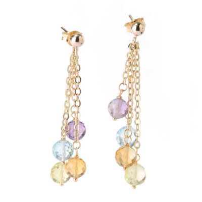 18K 4-STRAND DANGLE EARRINGS W/FACETED MULTI GEMSTONE BEADS