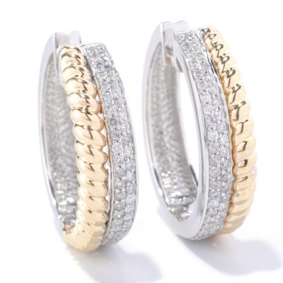 14K TT WG/YG PAVE HOOP EARRING