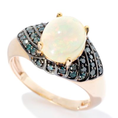 14K YG ETHOPIAN OPAL WITH BLUE DIAMOND RING