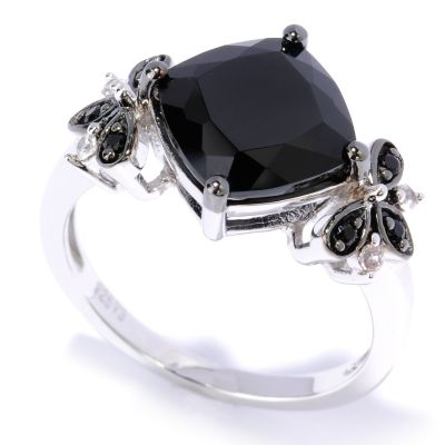 127-633 - Gem Treasures Sterling Silver 3.83ctw Black Spinel & Zircon Cushion Shape Ring