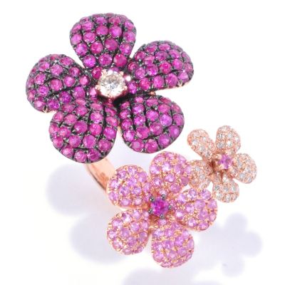 14K RG PAVE GEM AND DIAMOND FLOWER RING