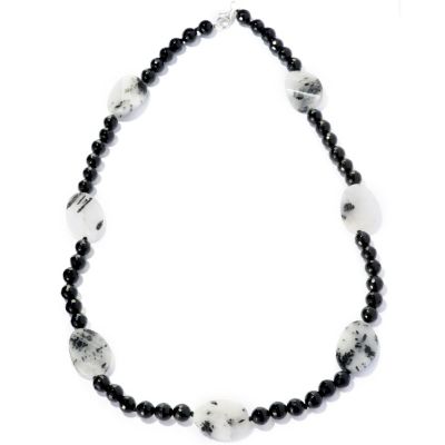 127-704 - Gem Treasures Sterling Silver 24'' Oval Rutilated Quartz & Onyx Bead Necklace 