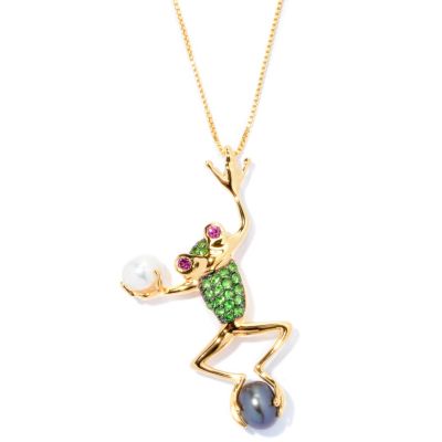 SS/P PEND TSAVORITE, RHODOLITE & CULTURED PEARL FROG w/ 18" CHAIN
