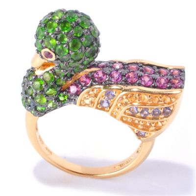 SS/18KV & BLK RHOD RING MULTI GEMSTONE DUCK