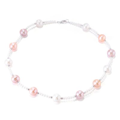 SS 11-12mm NATURAL COLOR PINK, WHITE & PEACH FWP STATION NECKLCAE