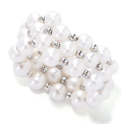 SS 4-5mm WHITE FWP & SILVER BEAD COIL WRAP RING