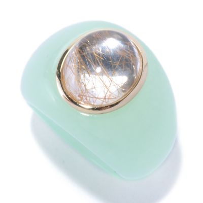 14K YG DYED GREEN QUARTZ & RUTILATED QUARTZ RING