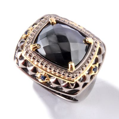 MEN'S - SS/PALL/18KV & BLK RHODIUM RING ROSE-CUT HEMATITE W/ BLUE SAPH