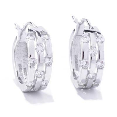 BLTA SS/PLAT THREE ROW TENSION SET ROUND CUT HOOP EARRINGS