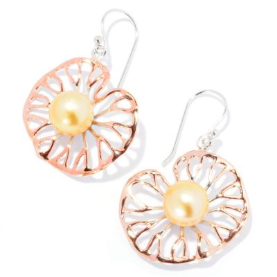 127-800 - 1.5" 8-9mm Round Golden South Sea Cultured Pearl Lily Pad Earrings