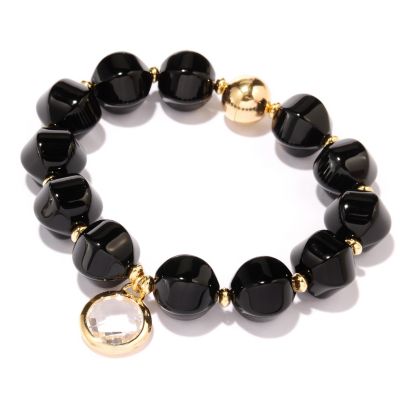 BRONZE/18KGP BRAC FANCY-CUT BLACK ONYX BEAD & GEM DROP CHARM w/ MAGNETIC CLASP