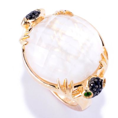 127-839 - NYC II 13.71ctw White Quartz, Chrome Diopside & Spinel Frog Ring 
