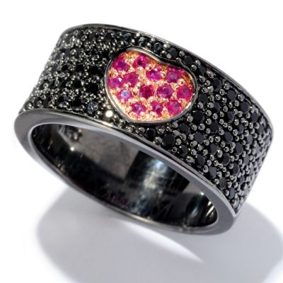 SS/BLK RHOD RING BLACK SPINEL & PAVE GEM HEART BAND