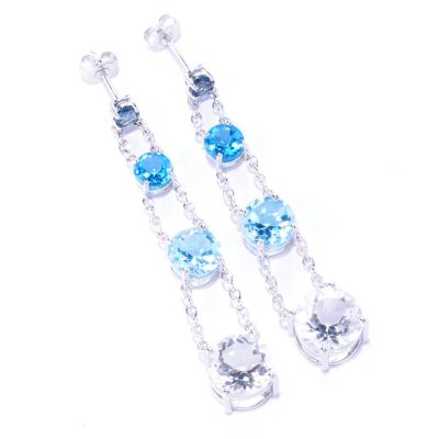 SS/PLAT EAR MULTI BLUE TOPAZ & WHITE QUARTZ 4-TIER CHAIN DROP