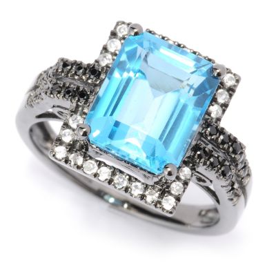 127-852 - NYC II 4.75ctw Blue Topaz, Black Spinel & White Zircon Black Rhodium Ring 