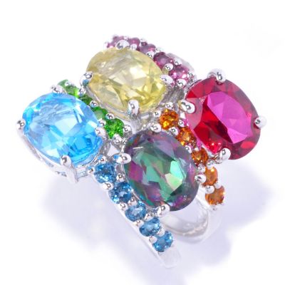 SS/PLAT RING FOUR-ROW MULTI GEMSTONE