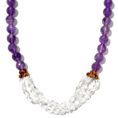 127-889 - Gem Treasures Sterling Silver 18'' Amethyst, Tiger Eye & Crystal Necklace w/ 2'' Extender 