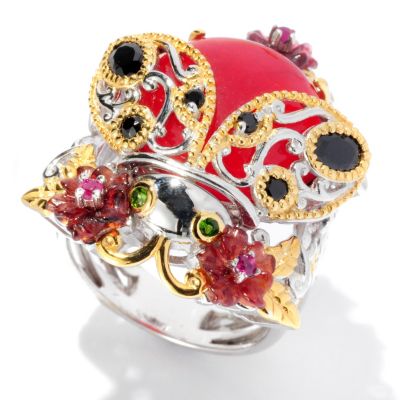 SS/PALL RING RED JADE & MULTI GEM LADYBUG