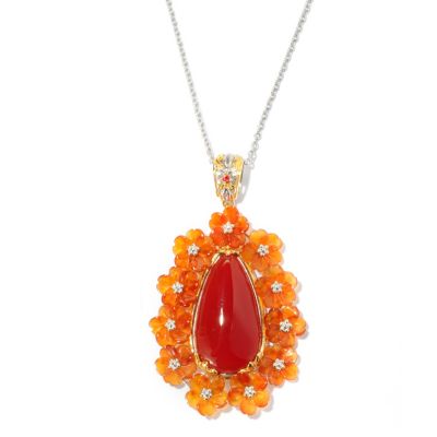 SS/PALL PEND CARNELIAN TEARDROP & CARVED FLOWER w/ 18" CHAIN