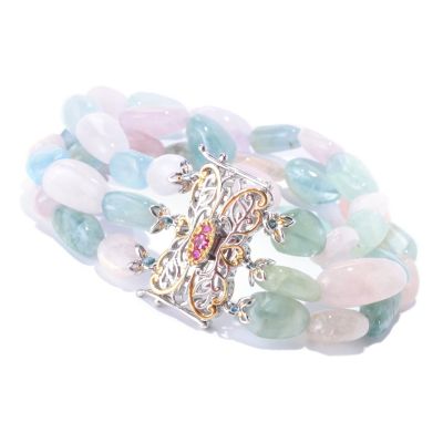 127-921 - Gems en Vogue II Three-Row Beryl Bead, Tourmaline & Sapphire Bracelet    