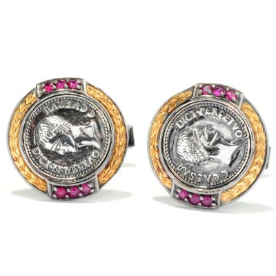 MEN'S - SS/PALL CUFF LINKS COIN & RUBY PAIR