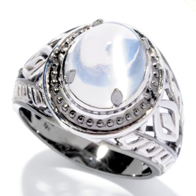 MEN'S - SS/PALL RING SIBERIAN CAT'S EYE WHITE MOONSTONE & BLK DIAMOND