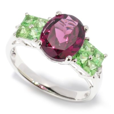 14K WG RHODOLITE GARNET OVAL RING W/ TSAVORITE ACCENTS
